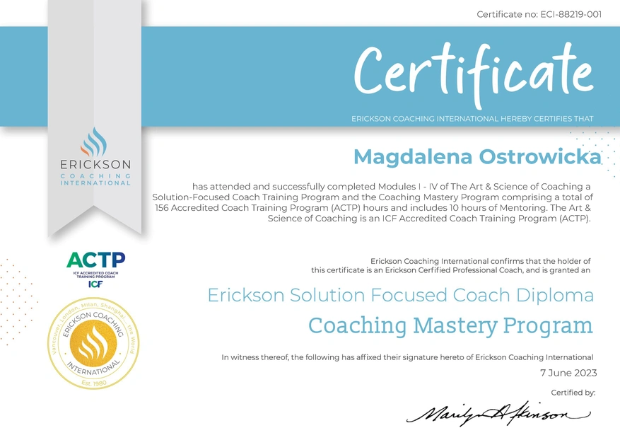 Certyfikat Erickson Professional Coach